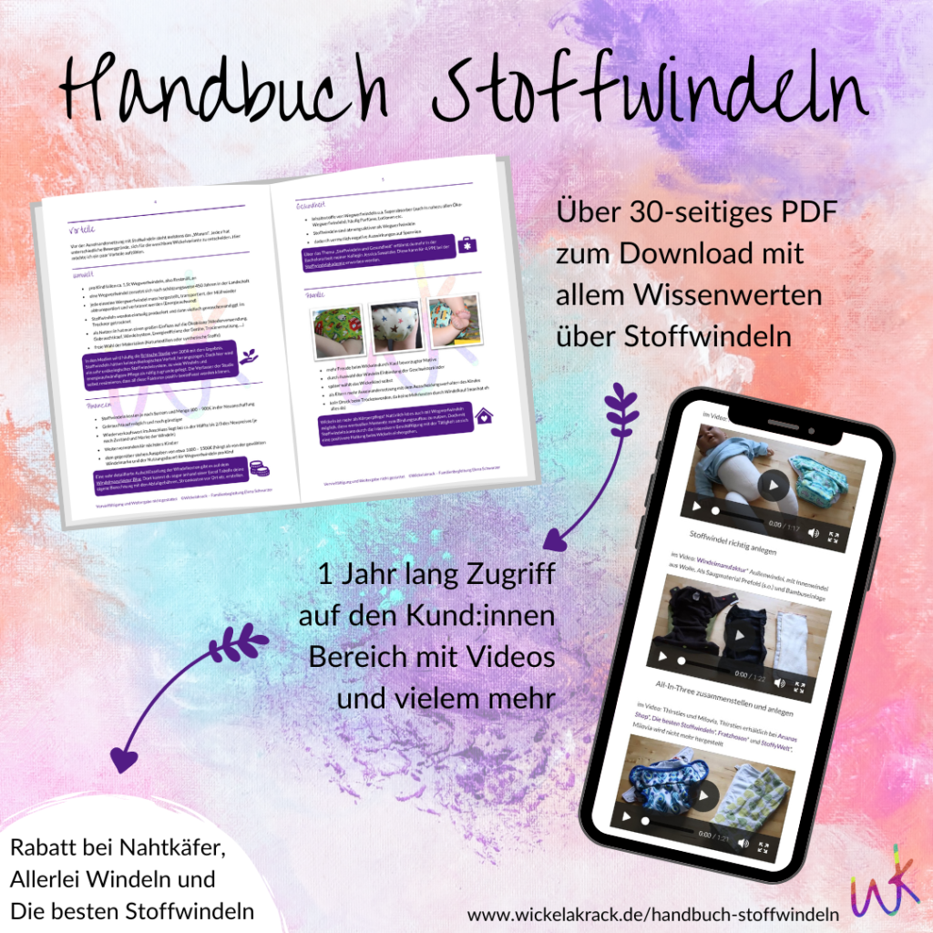 Digitales Handbuch Stoffwindeln. 30seitiges PDF mit Zugriff auf Online Bereich und Rabatte bei Stoffwindelshops