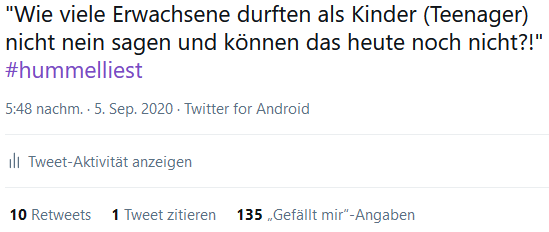 Screenshot eines Tweets während Inke Hummels Buchpremiere und Lesung von "Miteinander durch die Pubertät"
