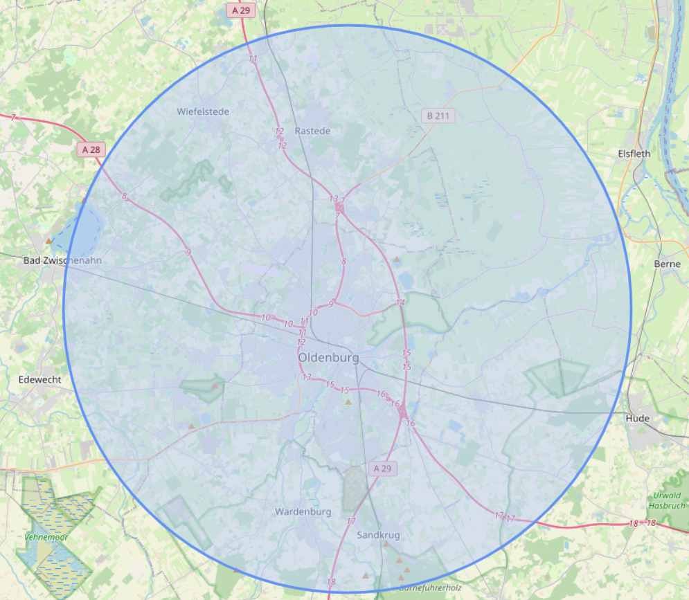 Karte von Oldenburg und Umgebung im Umkreis von 15 km